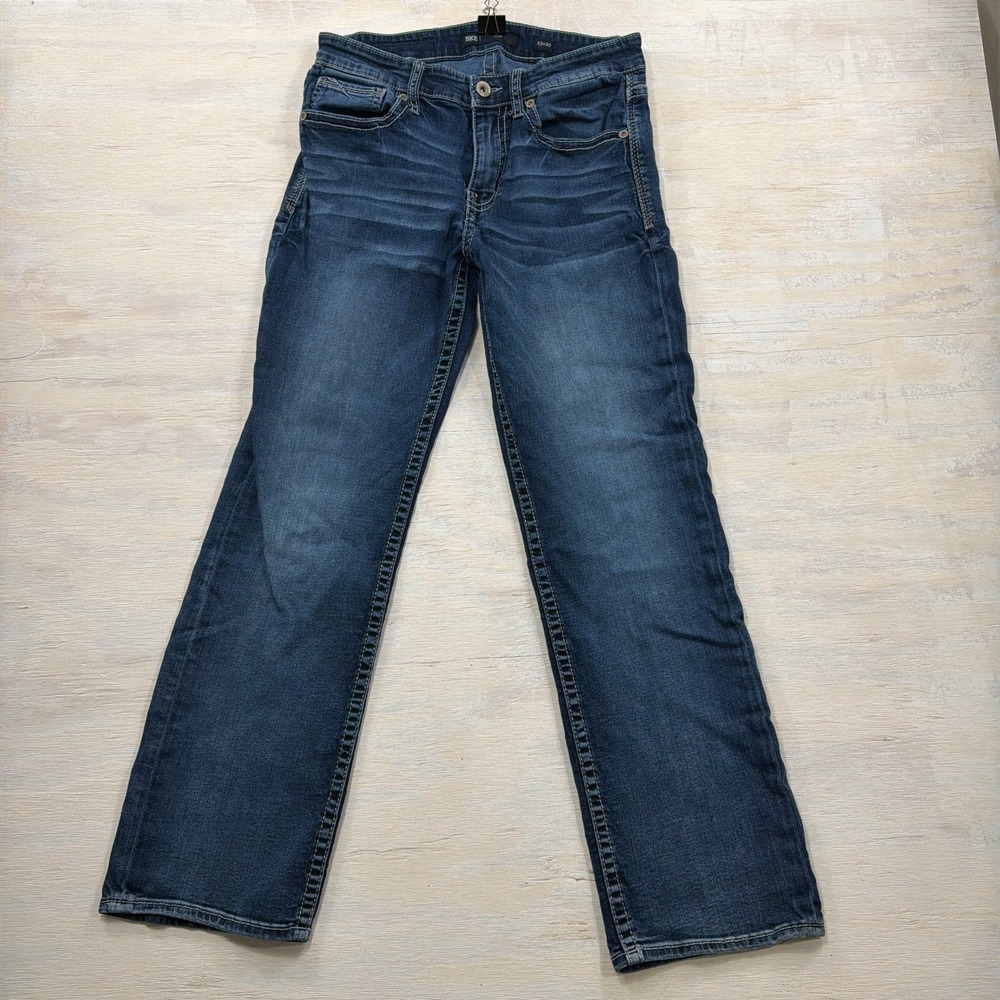BKE Jeans Jake 33x30 Straight Leg Contrast Stitch Medium Wash Blue Mens